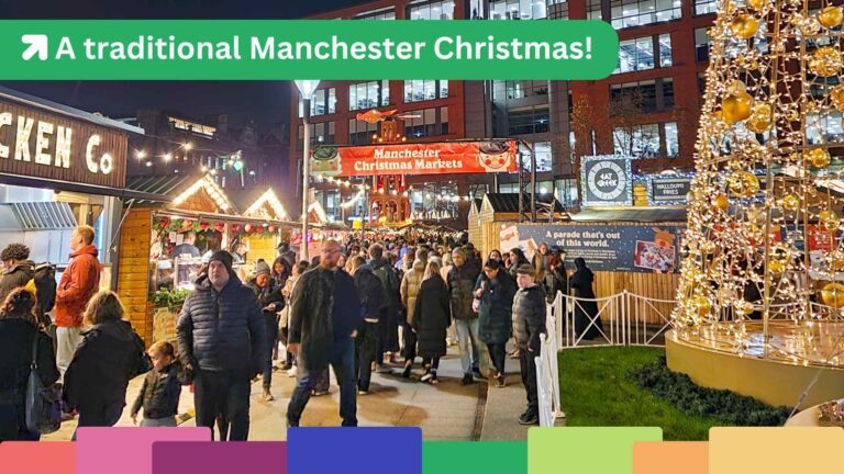 伝統的なマンチェスター・クリスマスマーケットでは、夜になると人々がイルミネーションや屋台の間を歩き回ります。右側には大きなクリスマスツリーが飾られています。