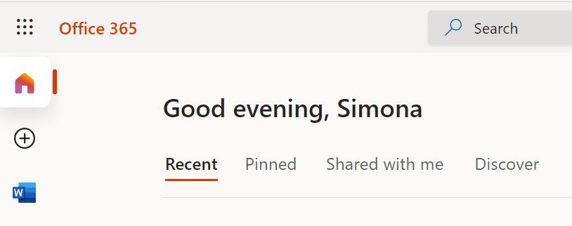 Screenshot eines Office 365-Dashboards, das Benutzerin Simona begrüßt. Es enthält die Registerkarten „Zuletzt verwendet“, „Angeheftet“, „Mit mir geteilt“ und „Entdecken“ – eine tolle Möglichkeit, den Überblick zu behalten. Willkommen bei IH Manchester!