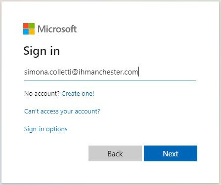 Die Microsoft-Anmeldeseite begrüßt Sie bei IH Manchester mit der E-Mail-Adresse „simona.colletti@ihmanchester.com“. Sie haben die Wahl zwischen „Zurück“, „Weiter“, „Neues Konto erstellen“, „Kein Zugriff auf Ihr Konto?“ und „Anmeldeoptionen“.