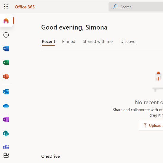 Screenshot des Office 365-Dashboards mit App-Symbolen auf der linken Seite und einer Willkommensnachricht an Simona mit „Willkommen bei IH Manchester“ und Optionen für die Registerkarten „Zuletzt verwendet“, „Angeheftet“, „Mit mir geteilt“ und „Entdecken“.