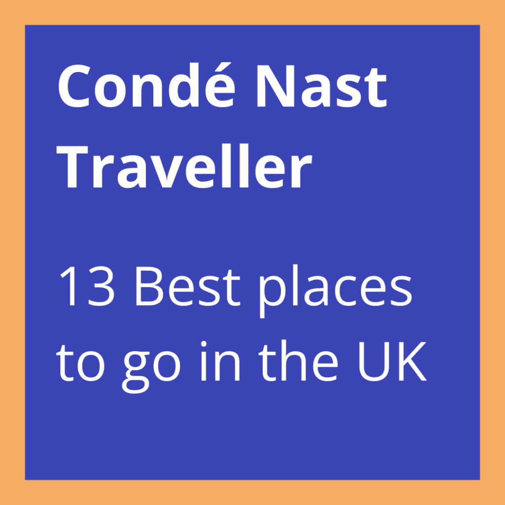 Blue square with white text reads, "Condé Nast Traveller 13 Best places to go in the UK, including Manchester," on an orange background.