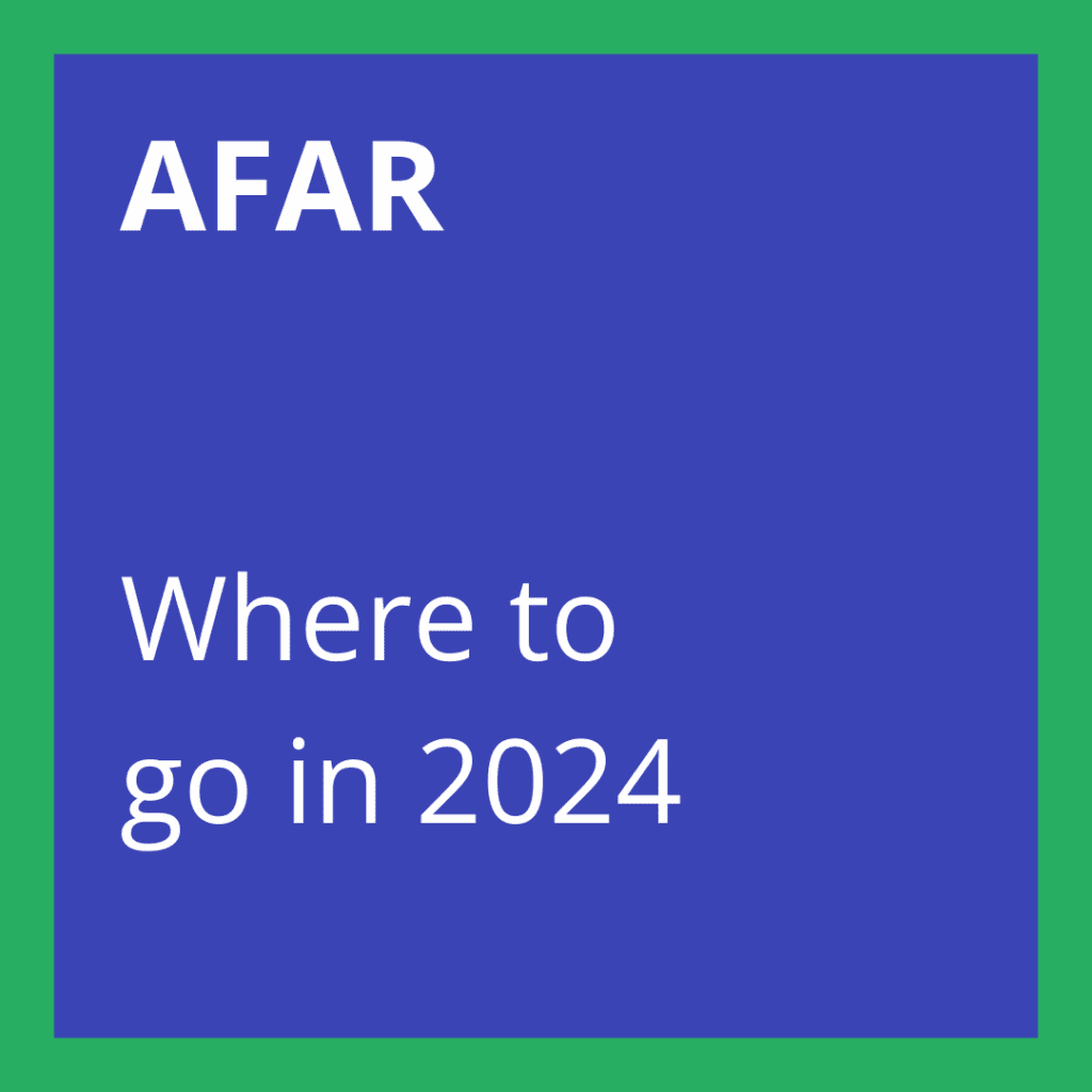A blue square with a green border displays the white text "AFAR," "Manchester," and "Where to go in 2024.