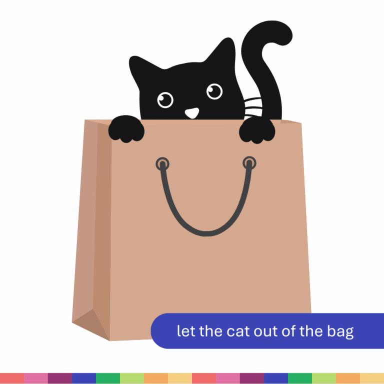 Un gato negro se asoma desde una bolsa de papel marrón. Abajo a la derecha, un texto dice: "Saca al gato de la bolsa", mostrando una de esas frases en inglés que no tienen sentido.