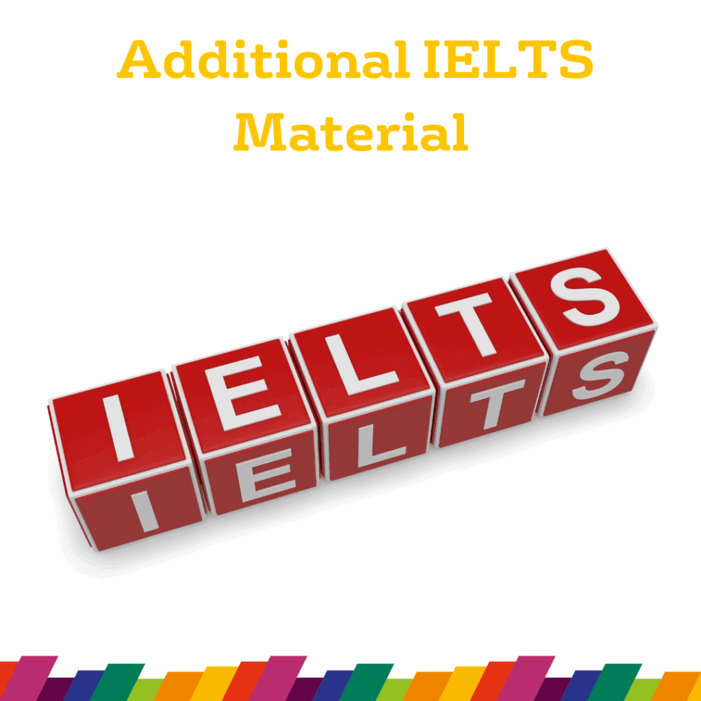 Rote 3D-Würfel mit der Aufschrift „IELTS“ sind in einer Linie angeordnet, mit dem Text „Zusätzliches IELTS-Material“ darüber, einem bunten Rand unten und einer herzlichen „Willkommen bei IH Manchester“-Nachricht.