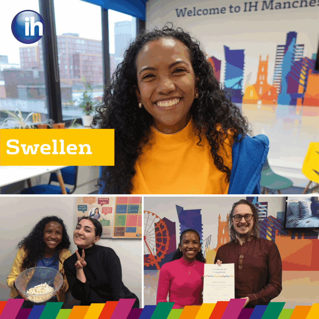 Una donna di nome Swellen sorride in tre scene diverse all'IH Manchester, tra cui quando riceve un certificato e quando tiene una ciotola insieme a una collega, a dimostrazione dell'atmosfera positiva riflessa nelle recensioni degli studenti.