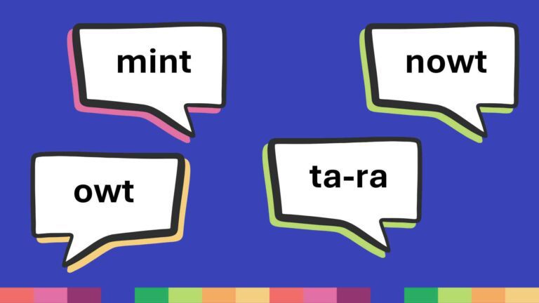 Vier Sprechblasen auf blauem Hintergrund zeigen die Wörter „mint“, „nowt“, „owt“ und „ta-ra“ – klassische Wörter und Ausdrücke aus Manchester – jeweils mit bunten Rändern.