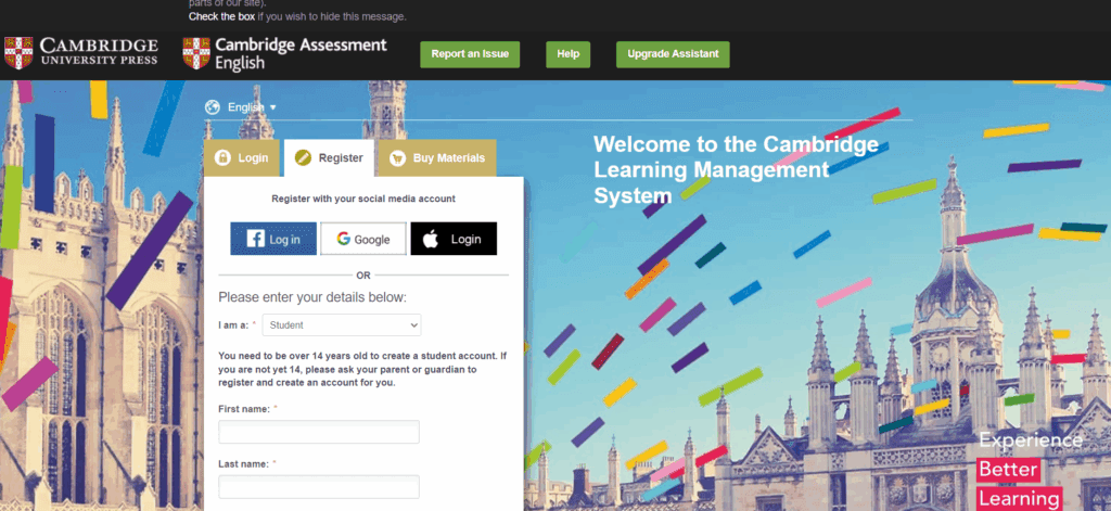 Screenshot der Anmeldeseite des Cambridge Assessment English Learning Management Systems mit „Willkommen bei IH Manchester“, Optionen zum Anmelden, Registrieren, Kaufen von Materialien, Anmeldeschaltflächen für soziale Medien und einem Hintergrund mit berühmten Cambridge-Gebäuden.