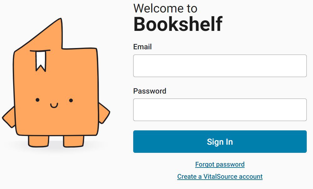 Willkommen bei IH Manchester: Anmeldeseite für Bookshelf mit E-Mail- und Kennwortfeldern, einer Schaltfläche „Anmelden“, Optionen zum Zurücksetzen Ihres Kennworts oder zum Erstellen eines VitalSource-Kontos sowie einer Zeichentrickfigur auf der linken Seite.