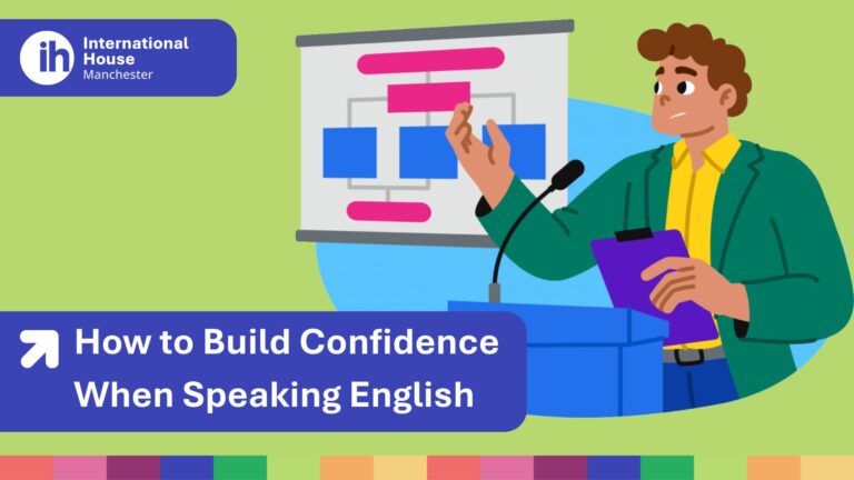 Una persona ilustrada habla en un podio con un gráfico detrás. El texto dice: "Cómo desarrollar confianza al hablar inglés". Se muestra el logotipo de International House Manchester, que promueve consejos para hablar inglés con éxito.