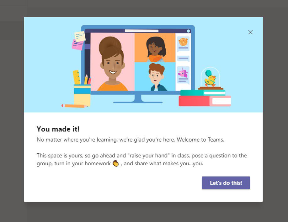 Screenshot einer Willkommensnachricht in Microsoft Teams mit der Aufschrift „Willkommen bei IH Manchester“, einer Abbildung von vier Personen in einem Videoanruf und Symbolen von Büchern, einem Mikroskop und einem Kaktus.