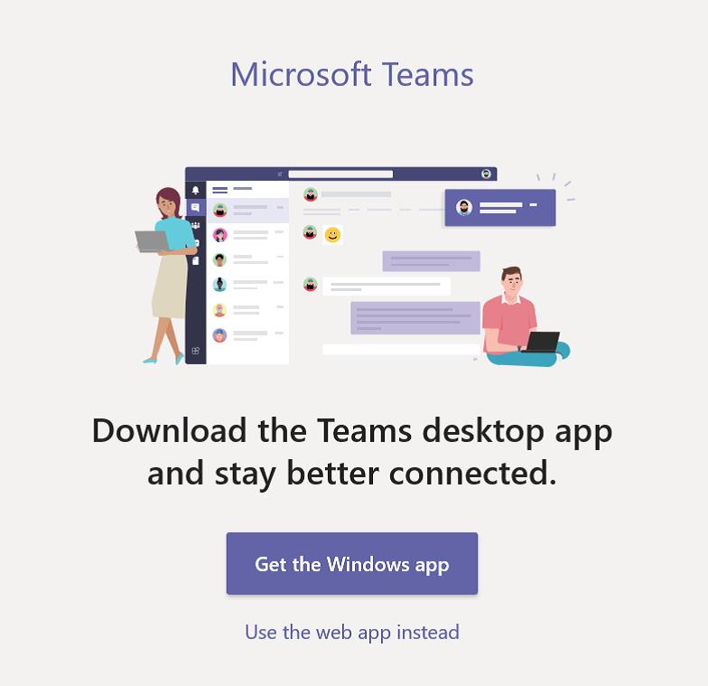 Illustration zur Werbung für Microsoft Teams mit zwei Personen, die Geräte verwenden, und der Nachricht „Willkommen bei IH Manchester“ sowie einer Aufforderung, die Teams-Desktop-App herunterzuladen oder die Web-App zu verwenden.