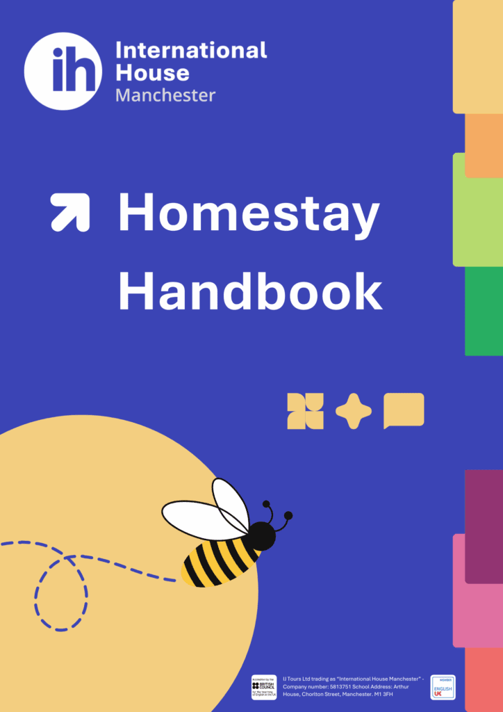 Cover of the International House Manchester Homestay Handbook featuring a bee, colorful squares, and the International House logo on a purple background—a helpful guide for every Homestay Host.