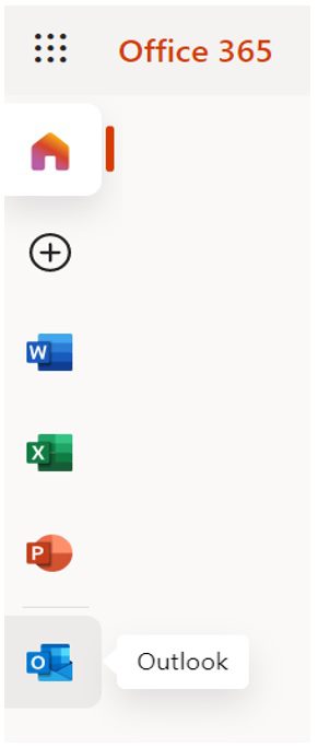 Das Office 365-Seitenleistenmenü zeigt Symbole für „Start“, „App hinzufügen“, „Word“, „Excel“, „PowerPoint“ und „Outlook“ – „Outlook“ ist ausgewählt und beschriftet. „Willkommen bei IH Manchester“ wird oben angezeigt.