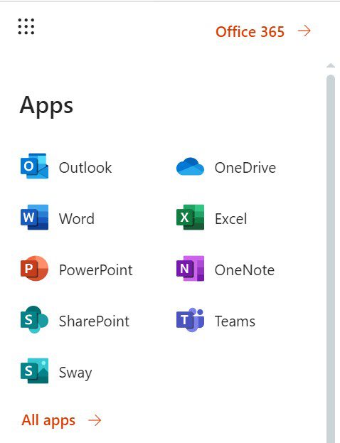 Willkommen bei IH Manchester: eine Liste von Office 365-Apps mit Symbolen, darunter Outlook, Word, PowerPoint, SharePoint, Sway, OneDrive, Excel, OneNote und Teams.