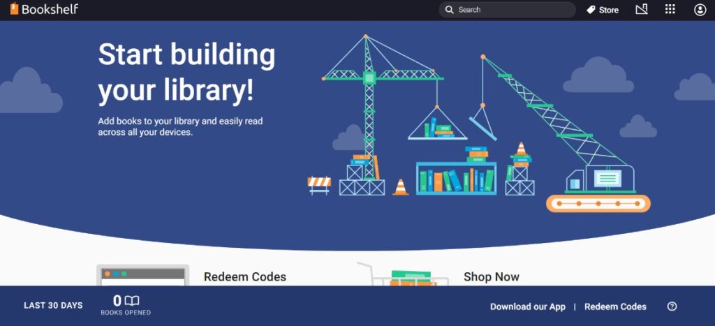 Eine Illustration von Kränen, die Bücher und Regale zusammenbauen, mit dem Text „Beginnen Sie mit dem Aufbau Ihrer Bibliothek!“ heißt Sie auf der Website-Oberfläche einer digitalen Bibliothek bei IH Manchester willkommen.