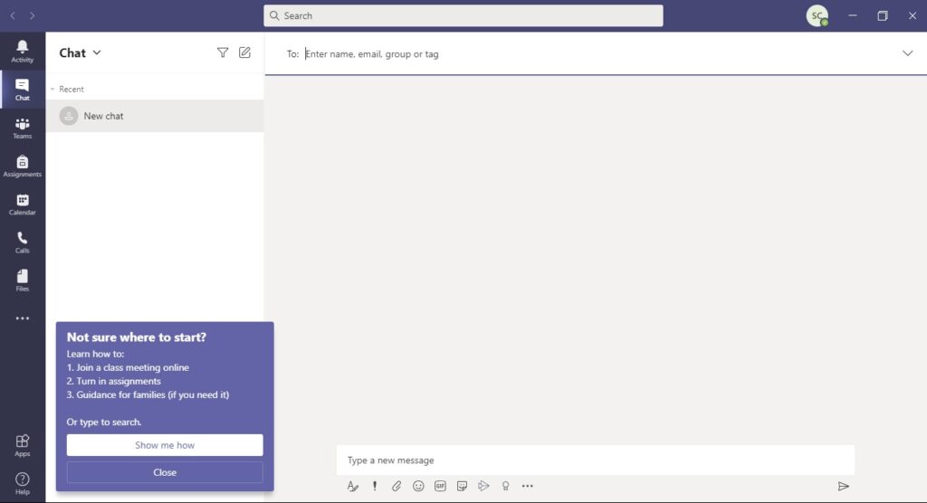 Die Chatoberfläche von Microsoft Teams wird angezeigt. Links befindet sich eine Seitenleiste, und unten links öffnet sich ein Hilfe-Popup mit dem Titel „Nicht sicher, wo Sie anfangen sollen?“. „Willkommen bei IH Manchester“ wird als Teil des Arbeitsbereichs des Benutzers angezeigt.