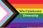 Progress Pride-Flagge mit dem Text „We Celebrate Diversity“ auf der rechten Seite vor dem regenbogengestreiften Hintergrund.